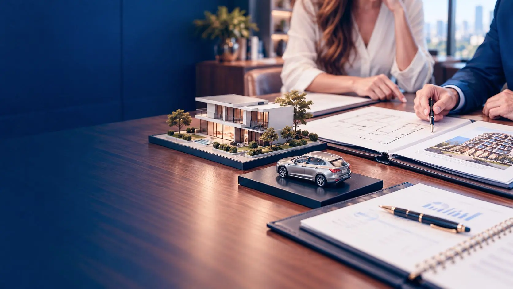 Mesa de reunião com maquete de casa, carro e contrato